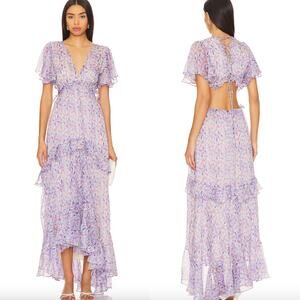 ASTR The Label Cherli Floral Tiered Maxi Dress Purple Blue Lace Up Cutout Back L